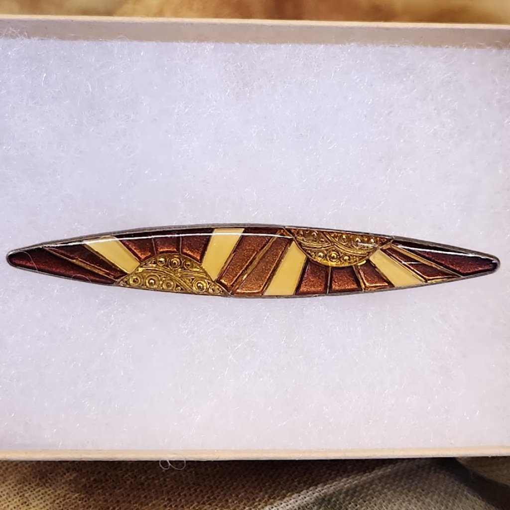 Vtg Pierre Bex Style Art Deco Oblong Enamel Pin, Golds, Bronzes, Creams, 2.5